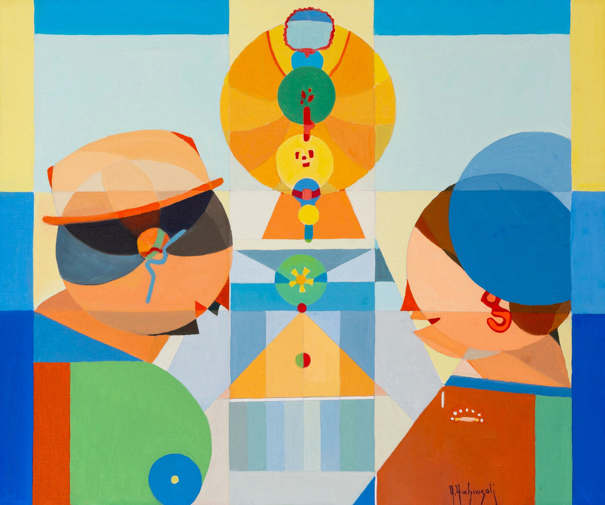 I Have a Dream – original oil painting by Annemarie Ambrosoli featuring stylized geometric figures in a symbolic composition inspired by dreams and imagination.