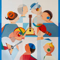Balalaika Lesson – original oil painting by Annemarie Ambrosoli depicting stylized geometric figures connected through a musical lesson and the sound of the balalaika.