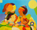 Chat – original oil painting by Annemarie Ambrosoli featuring stylized geometric figures engaged in a simple moment of conversation and dialogue.