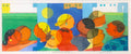 Day and Night Meeting – original panoramic watercolor by Annemarie Ambrosoli portraying stylized figures beneath the sun and moon, symbolizing balance and connection.