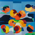 Friends – original oil painting by Annemarie Ambrosoli depicting stylized geometric figures expressing friendship, closeness and human connection.
