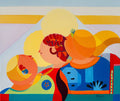 Golden Dawn – original oil painting by Annemarie Ambrosoli featuring stylized geometric figures within a luminous geometric composition inspired by dawn.