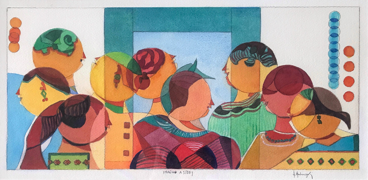 Imagine a Story – original panoramic watercolor by Annemarie Ambrosoli featuring stylized figures in a geometric scene inviting imagination and storytelling.