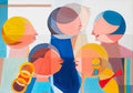 Ladies – original oil painting by Annemarie Ambrosoli featuring stylized female figures arranged in a geometric contemporary composition.