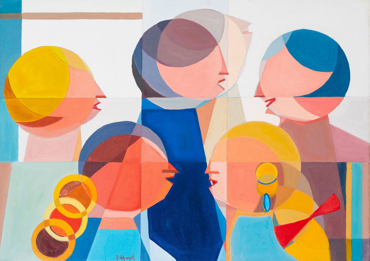 Ladies – original oil painting by Annemarie Ambrosoli featuring stylized female figures arranged in a geometric contemporary composition.