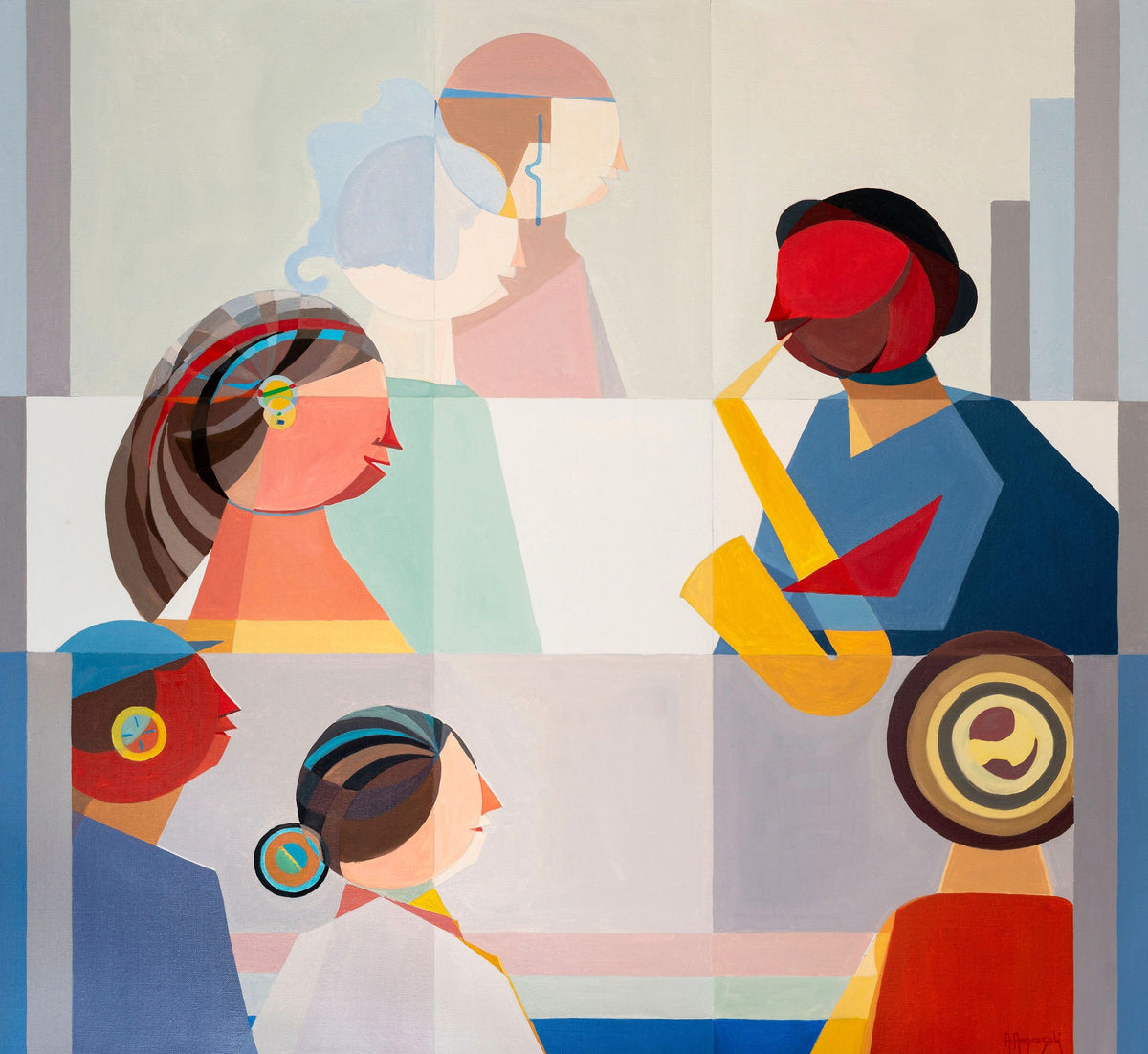 Magic Music Event – original oil painting by Annemarie Ambrosoli featuring stylized geometric figures gathered around a saxophone in a lively musical scene.