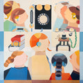 Once upon a Time: Visit to a Museum – original oil painting by Annemarie Ambrosoli depicting stylized figures observing vintage telephones in a geometric museum scene.