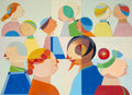 People Speaking – original Fine Art Mixed Media on paper by Annemarie Ambrosoli featuring stylized figures in a geometric composition with vibrant colors.