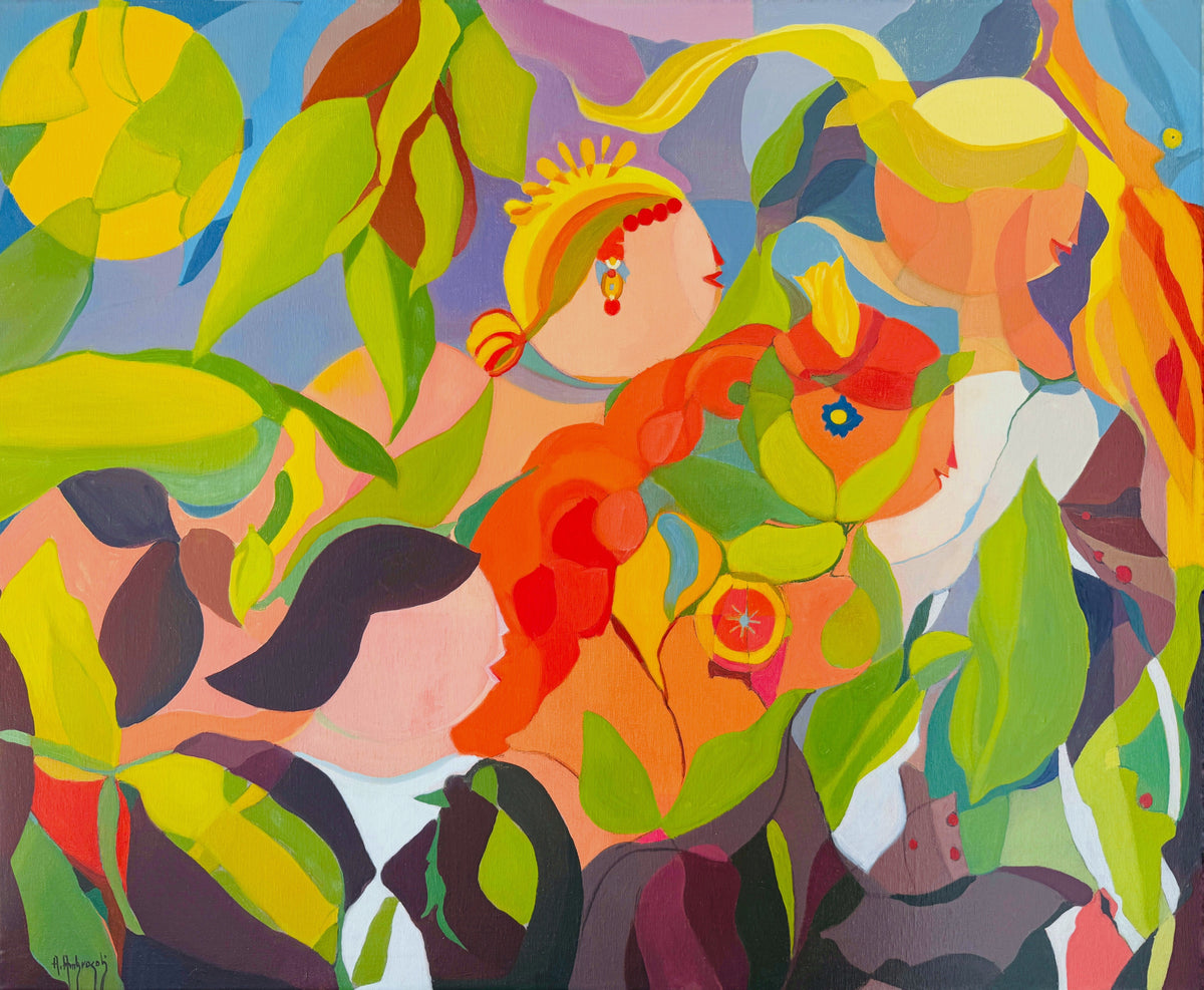 Secret Garden – original contemporary oil painting by Annemarie Ambrosoli featuring stylized geometric figures and botanical forms inspired by nature.