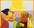 Solar Glow – original oil painting by Annemarie Ambrosoli featuring stylized geometric figures illuminated by a symbolic cone of light.