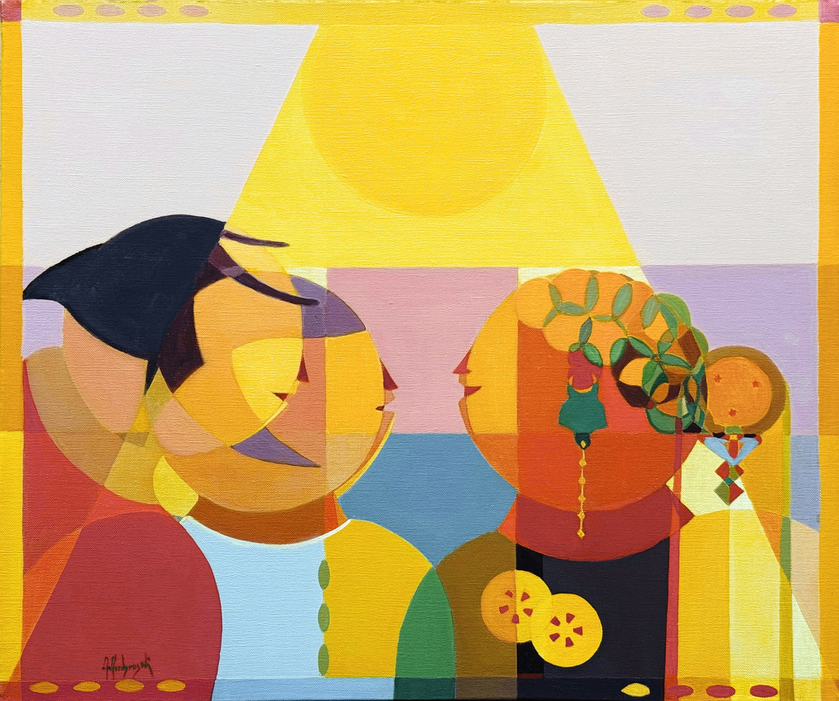 Solar Glow – original oil painting by Annemarie Ambrosoli featuring stylized geometric figures illuminated by a symbolic cone of light.