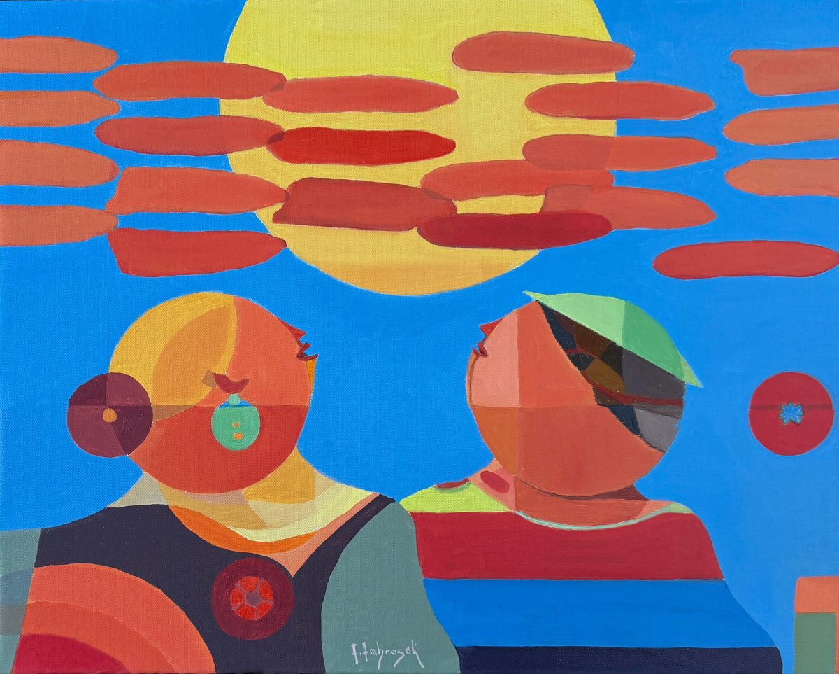 Solar Reverie – original oil painting by Annemarie Ambrosoli featuring stylized geometric figures immersed in a dreamlike composition inspired by light and imagination.