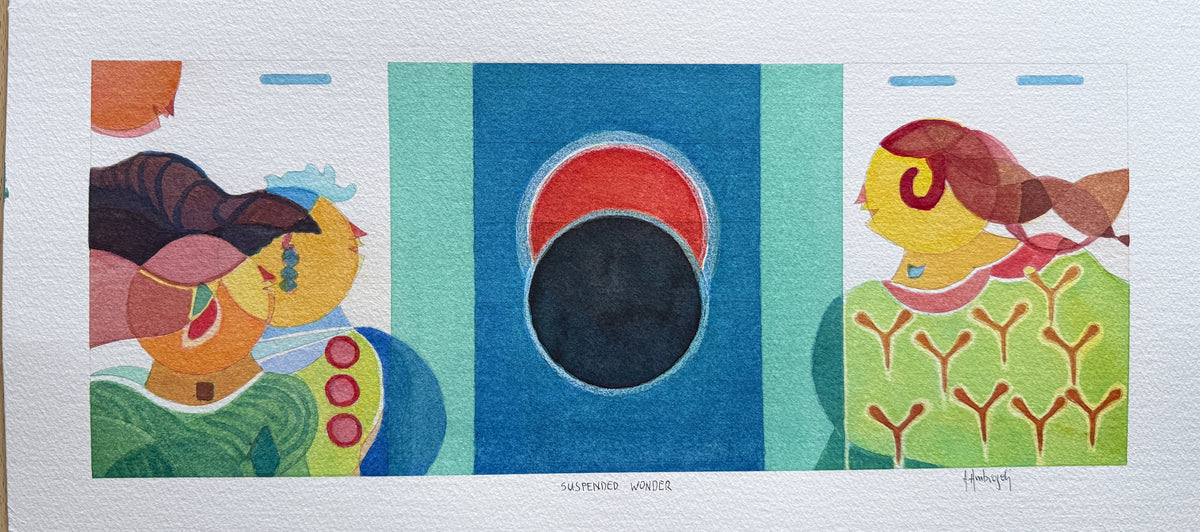 Suspended Wonder – original panoramic watercolor by Annemarie Ambrosoli depicting stylized figures observing a mysterious celestial event.