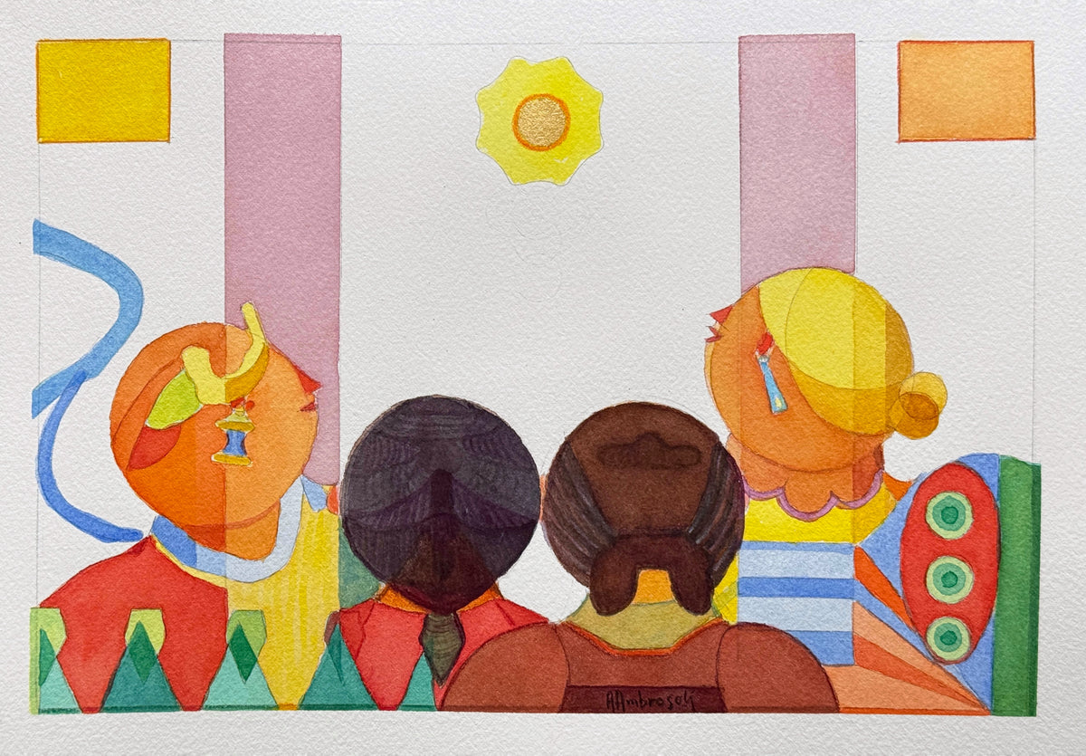 The Golden Wonder – original panoramic watercolor by Annemarie Ambrosoli featuring stylized figures and a luminous sun enhanced with 23K gold leaf.