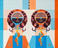 Twins – original oil painting by Annemarie Ambrosoli featuring two stylized geometric figures arranged in a balanced composition exploring symmetry and connection.