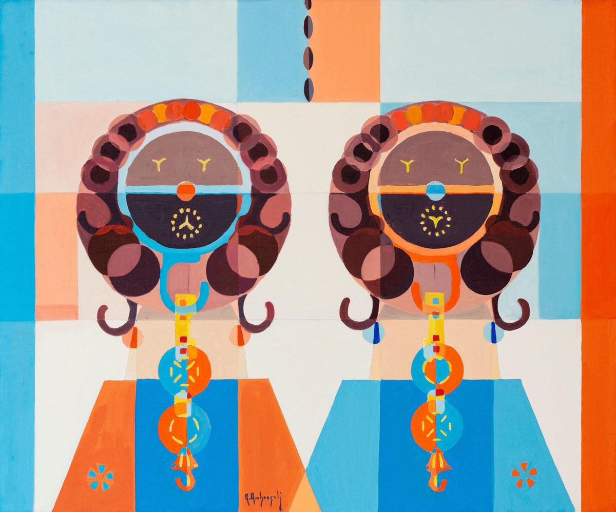 Twins – original oil painting by Annemarie Ambrosoli featuring two stylized geometric figures arranged in a balanced composition exploring symmetry and connection.