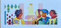 Weaving of Light and Color – original panoramic watercolor by Annemarie Ambrosoli with stylized figures connected through light, color and geometric forms.