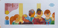 Whispers Under the Pink Cloud – original panoramic watercolor by Annemarie Ambrosoli featuring stylized figures in a quiet moment of connection beneath a pink cloud.