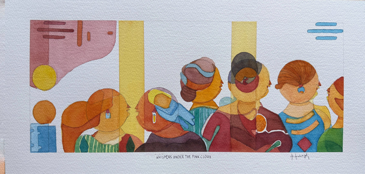 Whispers Under the Pink Cloud – original panoramic watercolor by Annemarie Ambrosoli featuring stylized figures in a quiet moment of connection beneath a pink cloud.