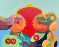 Dialogue within the Sun – original oil painting by Annemarie Ambrosoli depicting stylized geometric figures engaged in a symbolic dialogue within a luminous sun.