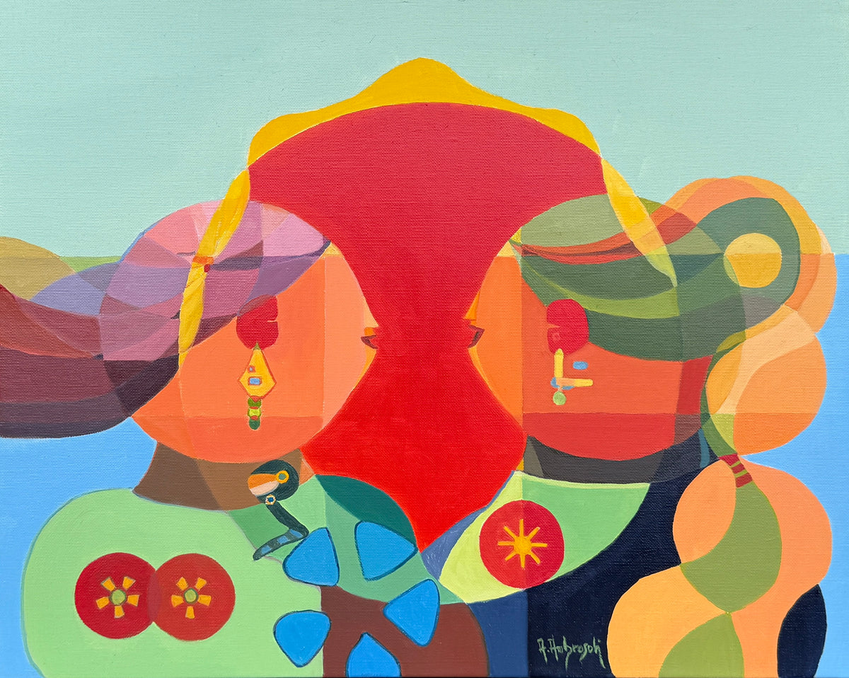 Dialogue within the Sun – original oil painting by Annemarie Ambrosoli depicting stylized geometric figures engaged in a symbolic dialogue within a luminous sun.